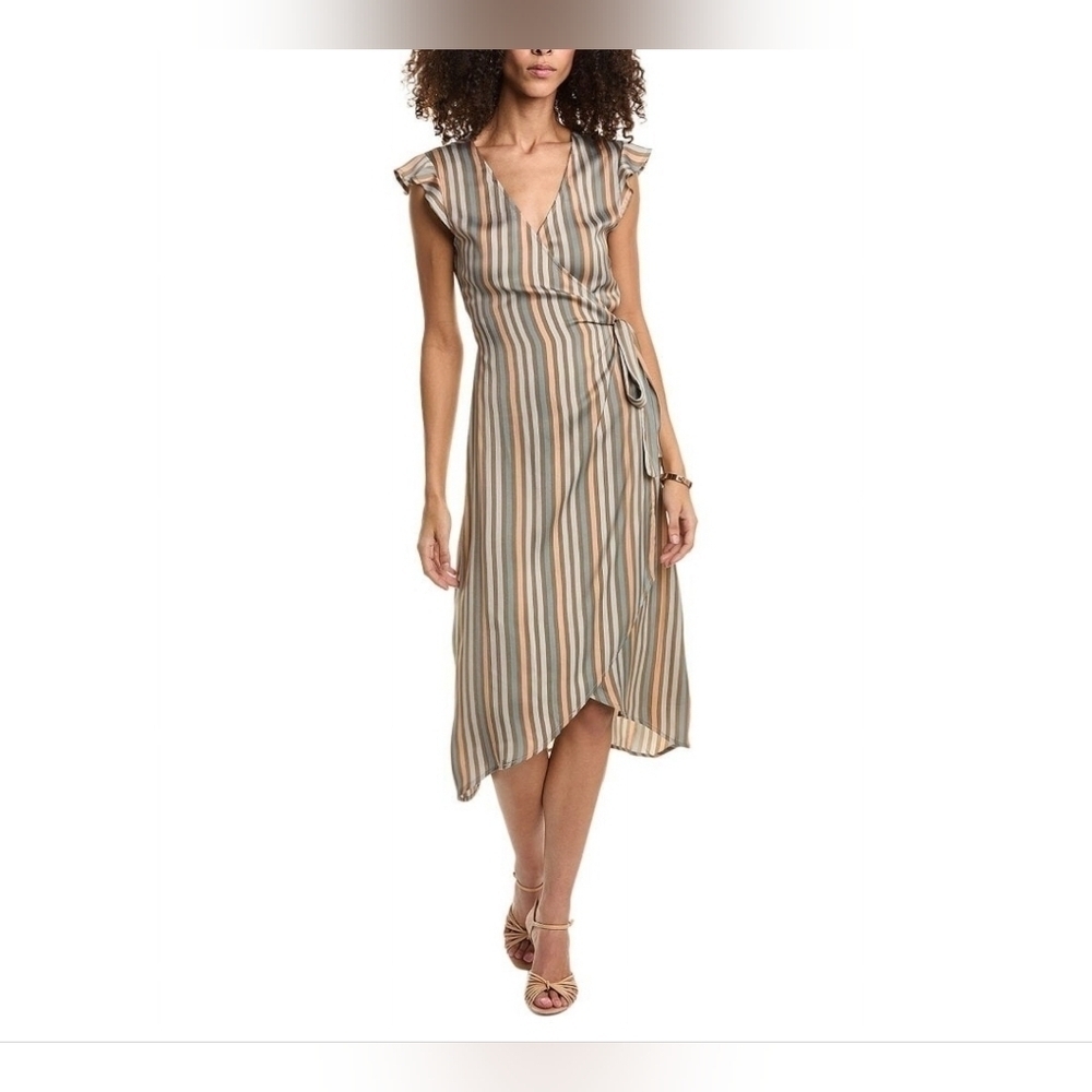 Saltwater Luxe Midi Length Satin Wrap Blue and Taupe Dress Sz. L NWT